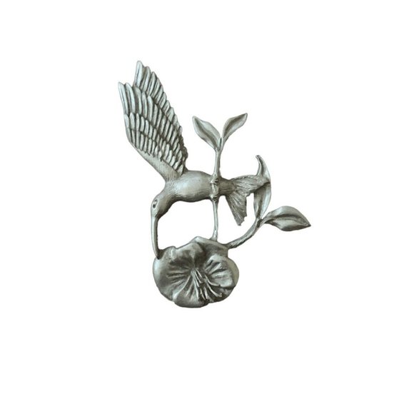 Vintage Pewter Hummingbird Flower Brooch Pin Signed Spoon 3825 Figural Bird 3” - Picture 3 of 10